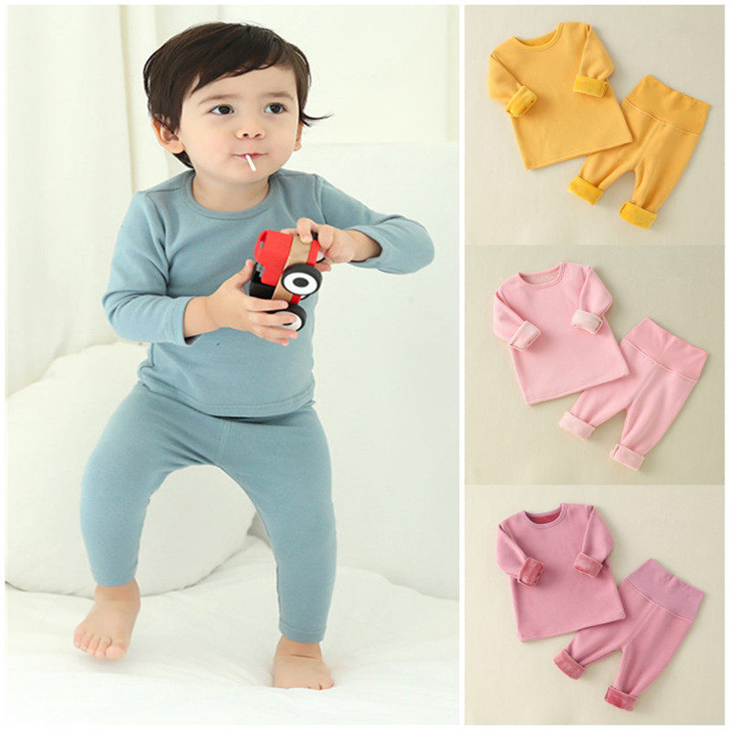 Baby autumn and winter high waist and warm and velvety sleeping clothes pure cotton baby protective belted pants Long sleeves male and female toddlers beating the bottom two sets