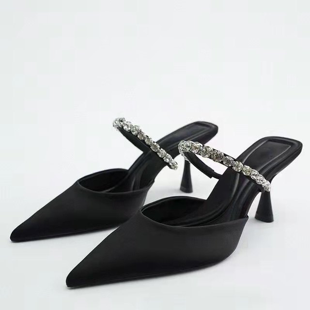 QZAZR black satin shiny high-heeled mules women's stiletto 2022 new shallow toe fashion sandals