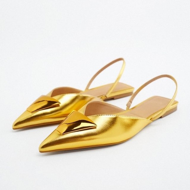 ZA shoes summer new women's shoes gold flat shoes metal buckle shallow mouth toe pointed shoes back strap fashion sandals