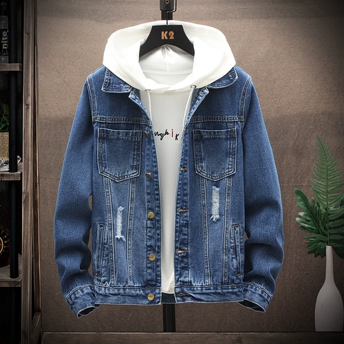 Джинсовая мужская весенняя трендовая куртка с капюшоном, тренд сезона, коллекция 2021, оверсайз