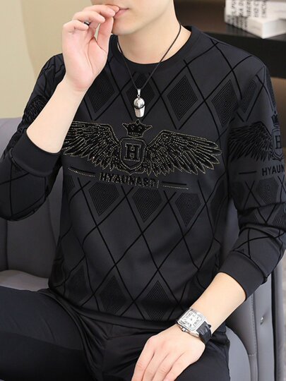 Long-Sleeve T-Shirt for Men, New Spring and Autumn Round-Neck Rhinestone Trendy Brand Sweatshirt, European Style, Cool and Slim-Fit Inner Wear Top