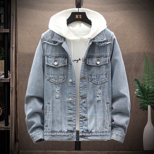 Джинсовая мужская весенняя трендовая куртка с капюшоном, тренд сезона, коллекция 2021, оверсайз