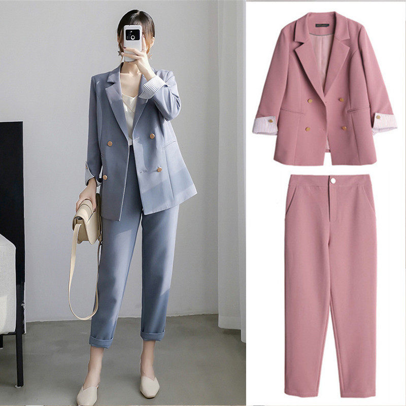 Large size high-end temperament suit suit female fat mm loose drape small suit professional two-piece suit 200 jin spring