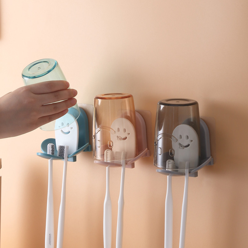 Cartoon Toothbrush Rack Shelf Free to punch toothbrushing mouthwash cup dressing room Wall Wall-mounted Tooth-cylinder teeth suit