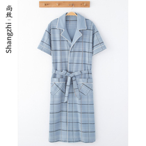 Shangzhi nightgown mens summer pure cotton short-sleeved thin mens bathrobe casual cotton lace-up plaid home clothes pajamas