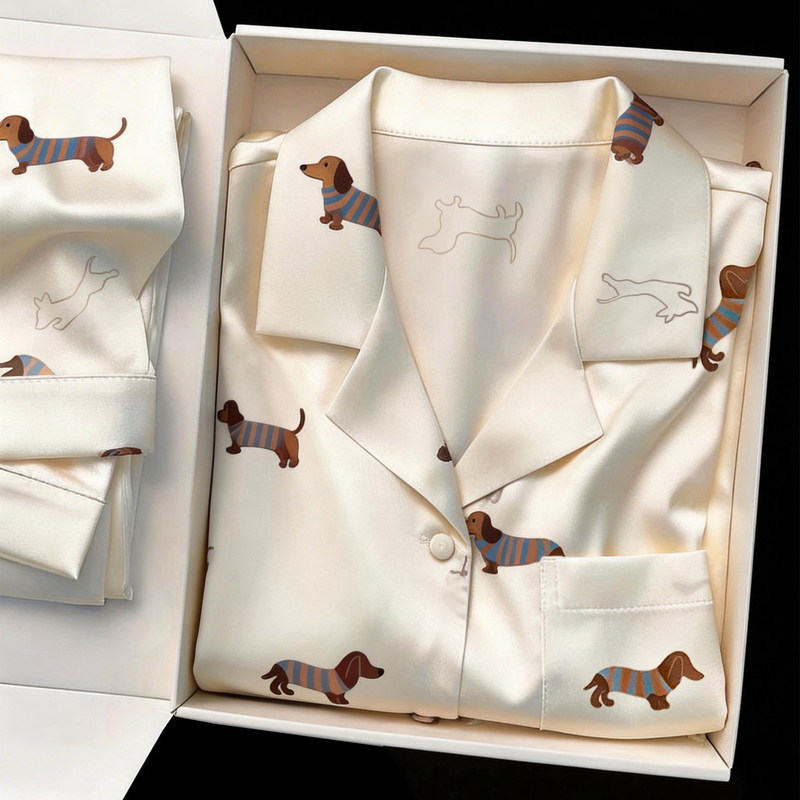Summer Ice Silk Pajamas for Women, Thin 2026 New Style, Men's Couple's Cartoon Dachshund Design, Can Be Worn Outside, Home Wear Set Summer Ice Silk Pajamas for Women, Thin 2026 New Style, Men's Couple's Cartoon Dachshund Design, Can Be Worn Outside, Home Wear Set