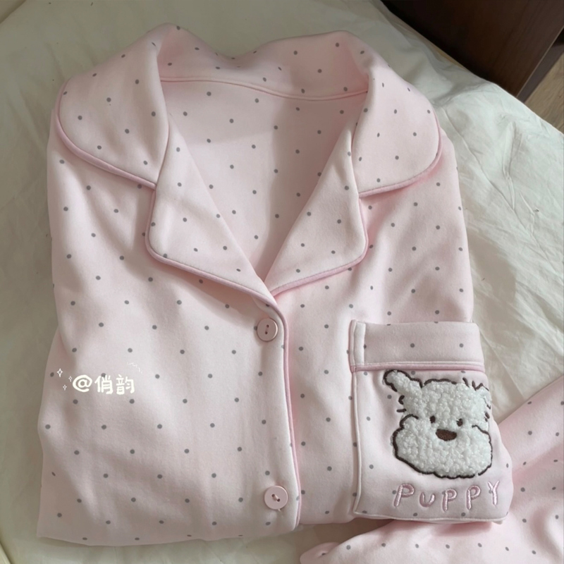 Derong Pajamas for Women with Cartoon Polka Dots and Puppy Design, New Autumn Pink Long-Sleeved Comfortable Home Clothes That Can Be Worn Outside the Home Derong Pajamas for Women with Cartoon Polka Dots and Puppy Design, New Autumn Pink Long-Sleeved Comfortable Home Clothes That Can Be Worn Outside the Home