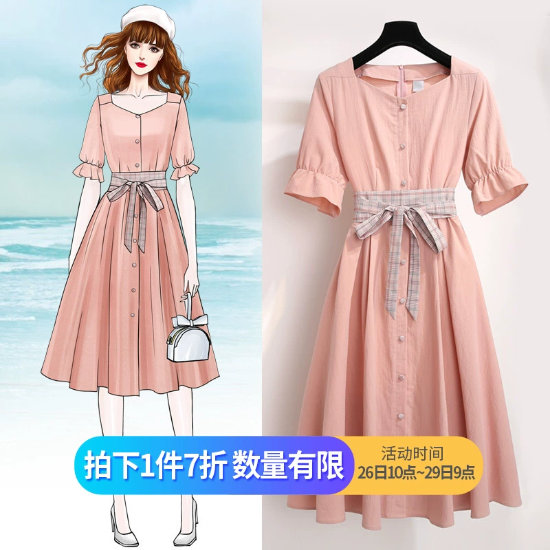 Váy cotton và vải lanh mùa hè 2019 mới giữa chiều dài rất cổ tích Pháp váy hoa chuông cổ vuông váy retro - Sản phẩm HOT