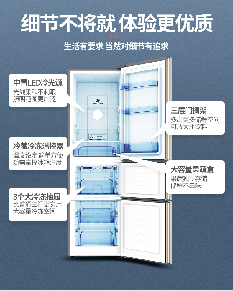 Máy bay mới BCD-206WLIM3EJ tiết kiệm năng lượng ba cửa làm mát bằng không khí lạnh tủ lạnh WIFI nhà thông minh nhỏ - Tủ lạnh tủ lạnh đựng mỹ phẩm