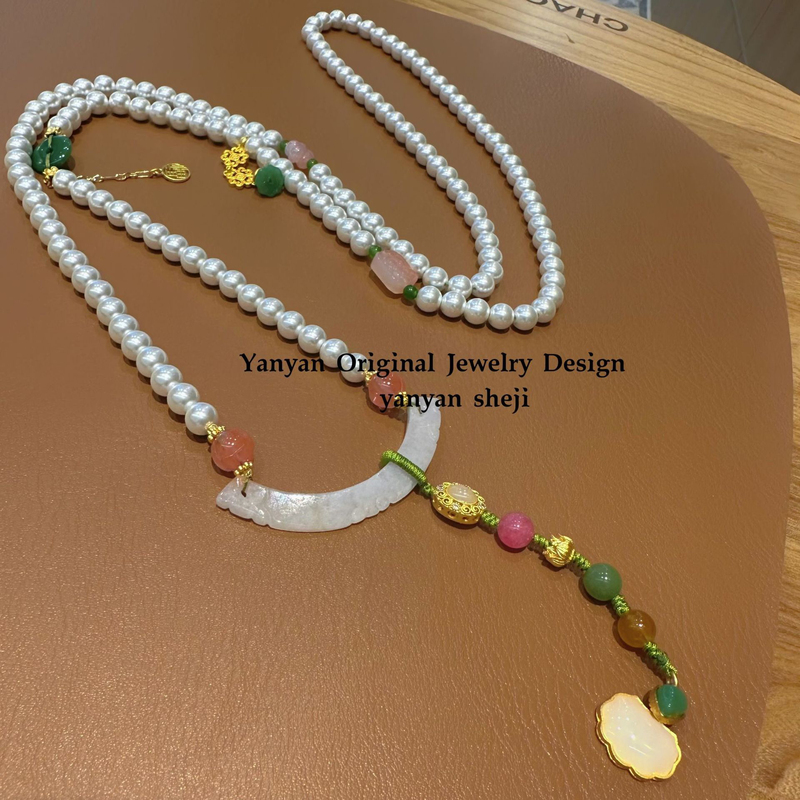 New Chinese Style, Elegant and Versatile, Shell Bead, Salt Source Agate, Jadeite Curved Piece Tassel Crossbody Chain Necklace