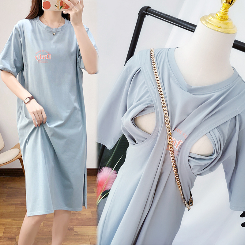 Summer Nursing Over-The-Knee Long Dress Maternity Wear Dual-Purpose Breastfeeding Loose Cover-Up T-Shirt Summer Nursing Over-The-Knee Long Dress Maternity Wear Dual-Purpose Breastfeeding Loose Cover-Up T-Shirt