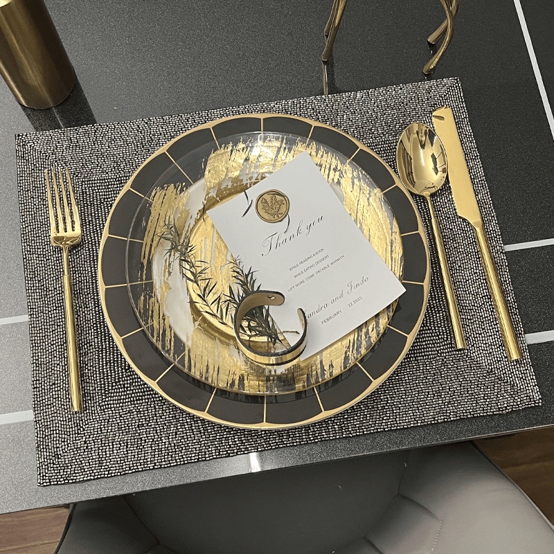 Light Luxury Western-Style Tableware Set, Model Room Display, High-End Restaurant Glass Round Plate, Household Black Gold Dinner Plate, Large Dish Light Luxury Western-Style Tableware Set, Model Room Display, High-End Restaurant Glass Round Plate, Household Black Gold Dinner Plate, Large Dish