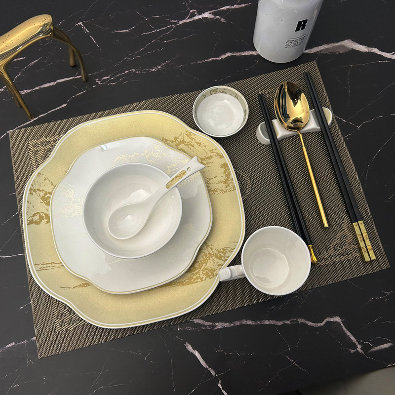 Gold Gradient Tableware Set, Modern Light Luxury Ceramic Dinner Plates, High-End Club Table Setting Set, Hotel Chinese-Style Flat Plates Gold Gradient Tableware Set, Modern Light Luxury Ceramic Dinner Plates, High-End Club Table Setting Set, Hotel Chinese-Style Flat Plates