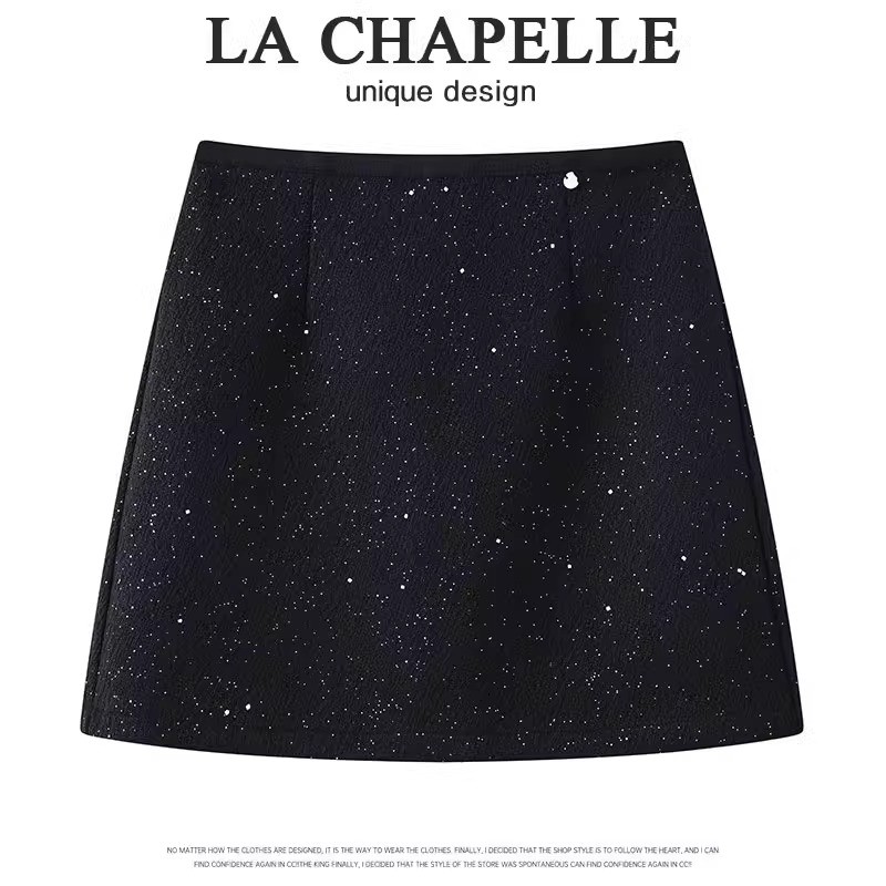 ラ・シャペル スパンコールスカート レディース 春秋 2025 ハイウエスト キラキラ ギャラクシー 気質 ウール ヒップ Aライン ショートスカート
