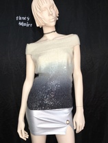 be*2 gradient sequins one-word collar Angora rabbit fluff fashionable and elegant temperament ring collar short sleeve