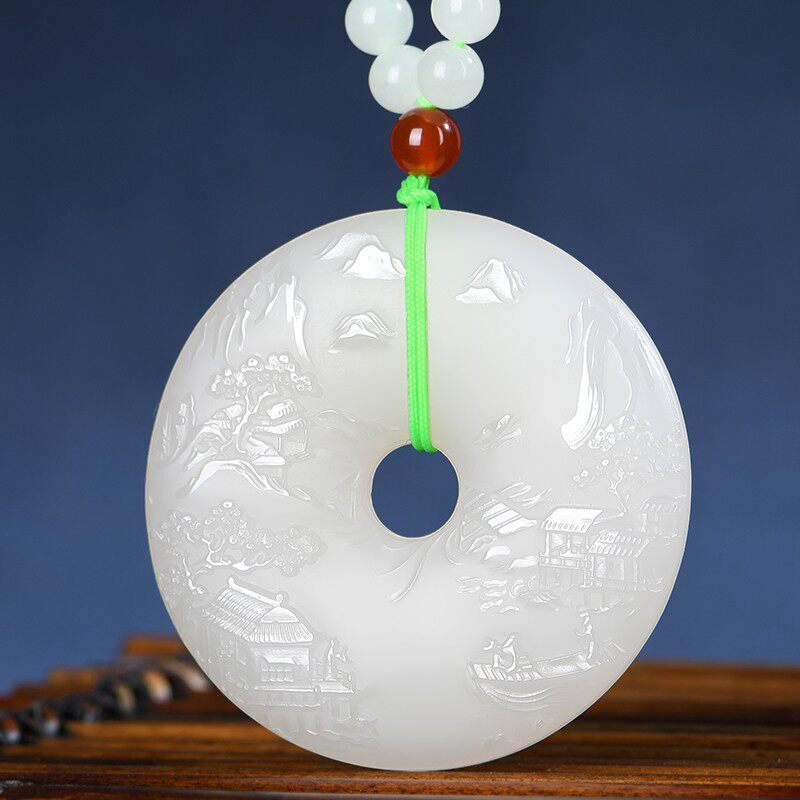 天然和田玉平安扣羊脂白玉山水吊墜男女款玉牌玉掛件GTC認證白玉吊墜