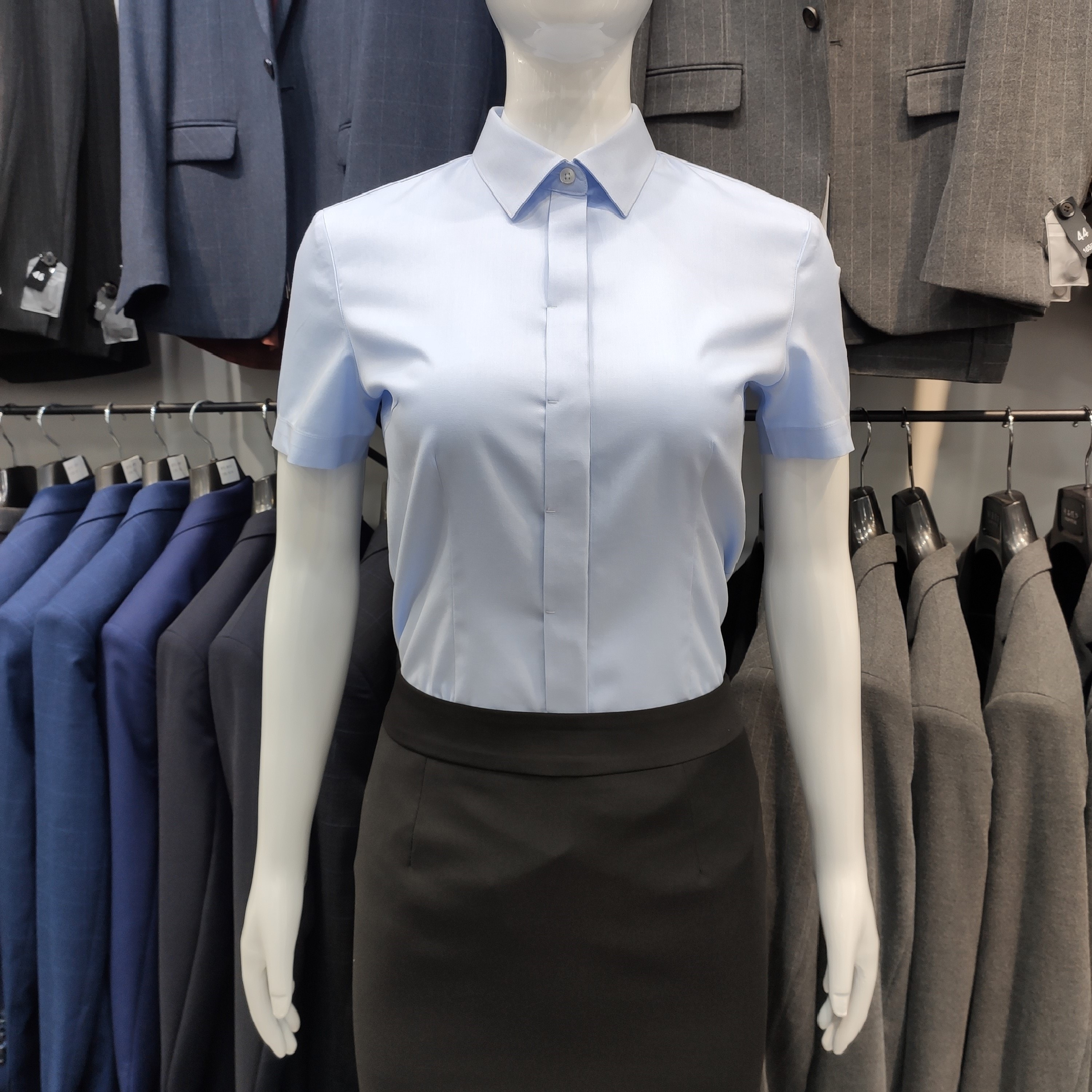 レディース半袖シャツ、純綿DP既製、アイロン不要、隠しボタン、露出防止、高級ライトブループロワークシャツ