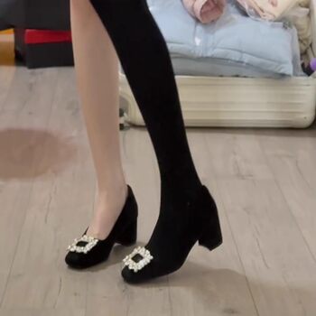 Short Women's Shoes with a 7cm Height Increase, Chunky Heel, Square Toe, Rhinestone Embellishments, Suitable for Commuting, Elegant Mary Jane Style, Evening Wear, Chunky Heel Shoes