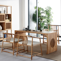 New Chinese solid wood tea table and chairs combine old elm wood minimalist meditation office Gongfu tea table Home tea table and chairs