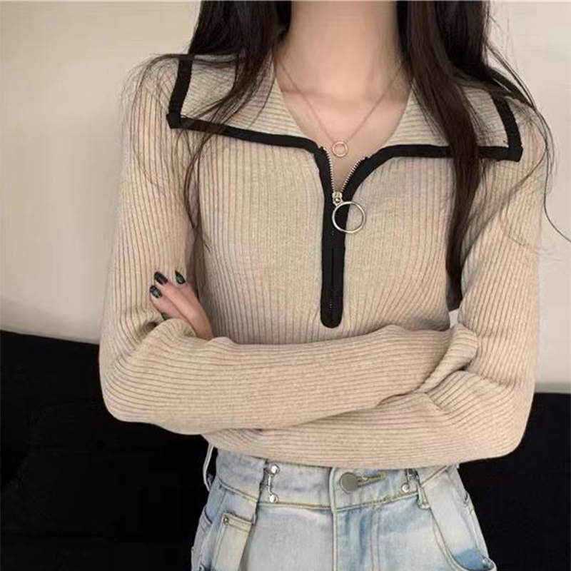Right-Shoulder Polo Collar Long-Sleeve Knit Sweater for Women, Autumn 2025 New Style, High-End Zipper Sweater, Inner Layer Top, Trendy