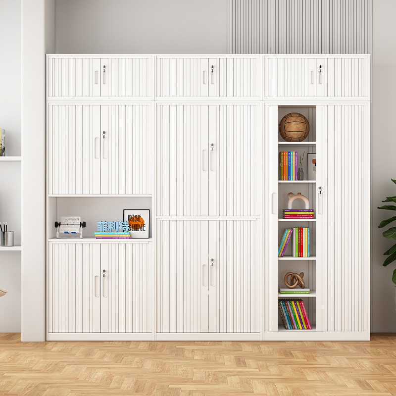 Space-Saving Household Rolling Door Bookshelf Storage Cabinet, Large Capacity Sliding Door Bay Window Cabinet, Balcony Metal Storage Cabinet