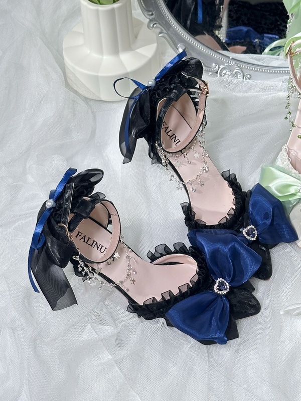Meow Meow Sauce Original Black and Blue Lolita High Heels, Dark Gothic Style Coming-Of-Age Ceremony High-Heeled Shoes