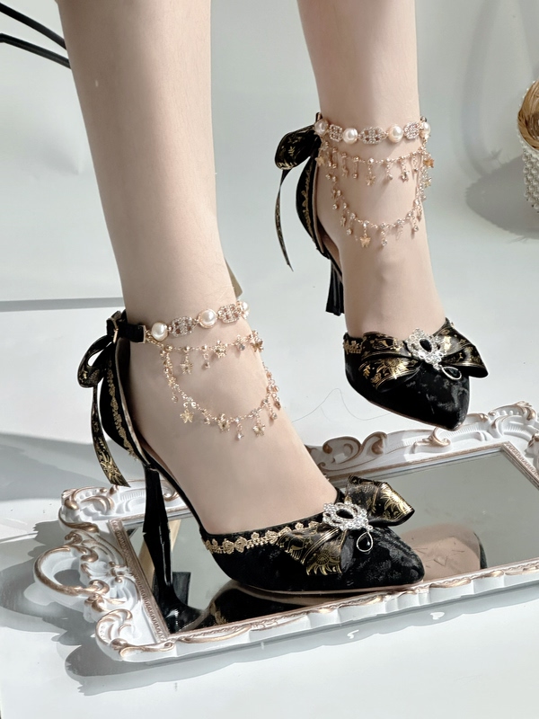Meow Meow Sauce Original Wedding Gemstone Crown Black Gold Dark Gothic Style Coming-Of-Age Ceremony Lolita Wedding Dress High Heels