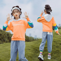 2021 autumn new girls set autumn dress Chinese style hooded sweater denim trousers two-piece set
