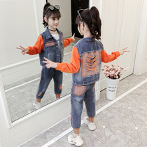Girls denim set 2021 new little girl Autumn Net red pop casual children Korean color two-piece set
