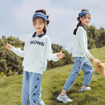 Girls autumn suit 2021 Spring and Autumn style Western style childrens clothing long sleeve casual denim two-piece girl ten years old