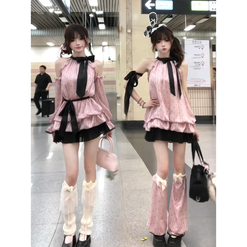 2026 Super Pretty Dress Summer Dopamine Y2K Girl Group Off-Shoulder Halter Neck Bow Sweet Dress Set 2026 Super Pretty Dress Summer Dopamine Y2K Girl Group Off-Shoulder Halter Neck Bow Sweet Dress Set