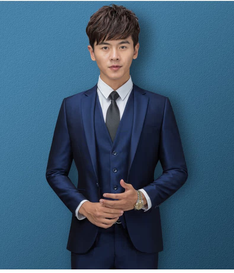 Bộ đồ vest nam ba mảnh kinh doanh chuyên nghiệp phù hợp với bộ đồ nam phiên bản Hàn Quốc của chú rể tự trồng mùa cưới quần kaki