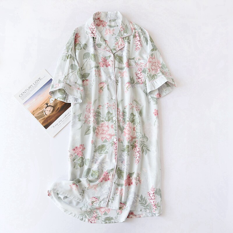 Sleeping Skirt Woman Summer Short Sleeve Man Cotton Cotton Silk Medium Long Version Pyjamas home Loose Summer Artificial Cotton Home Skirt