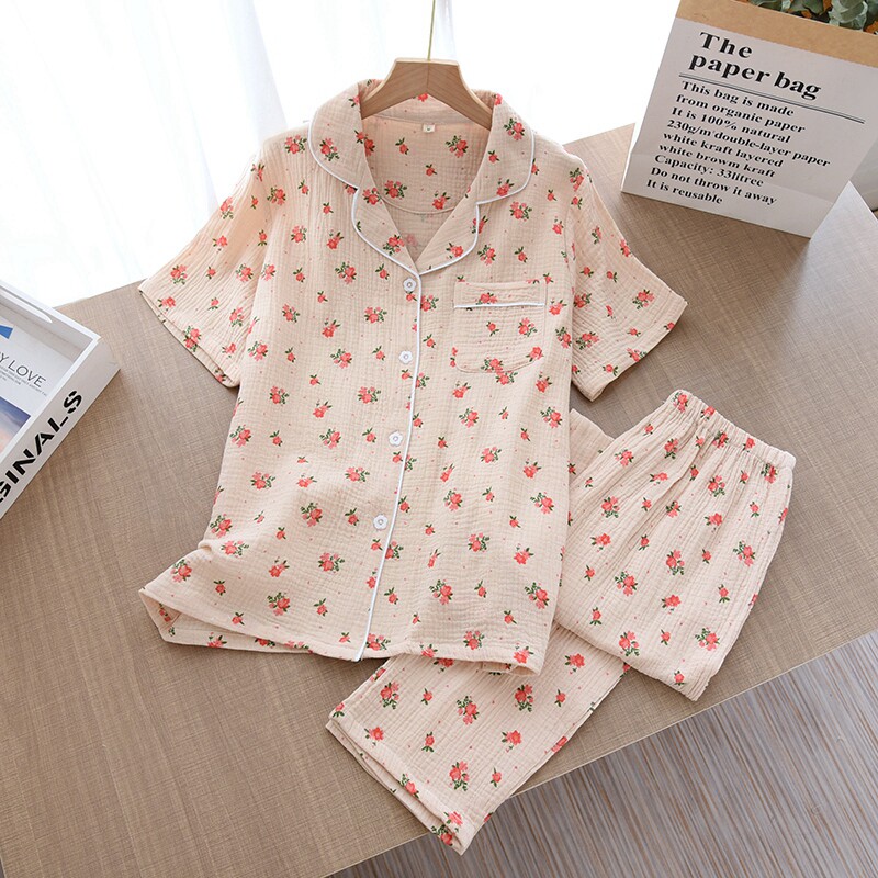 Pajamas Summer thin cotton double-deck gauze all cotton crepe short sleeve long pants home summer half-sleeve suit