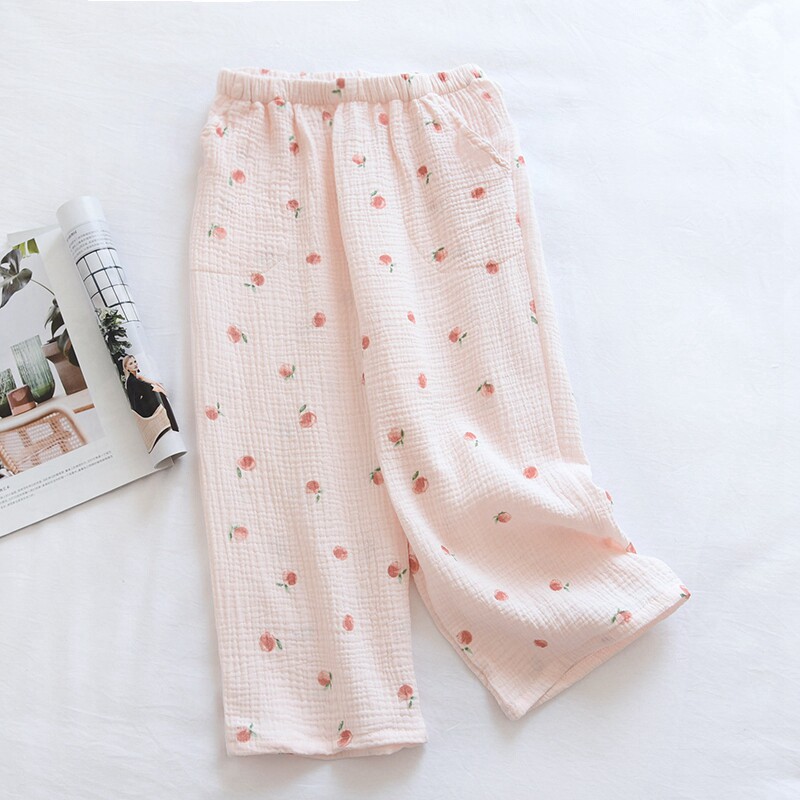 Sleeping Pants Woman Summer Thin PURE COTTON DOUBLE LAYER GAUZE CREPE CLOTH SIMPLE LOOSE SEVEN-PANTS FULL COTTON CASUAL HOME PANTS