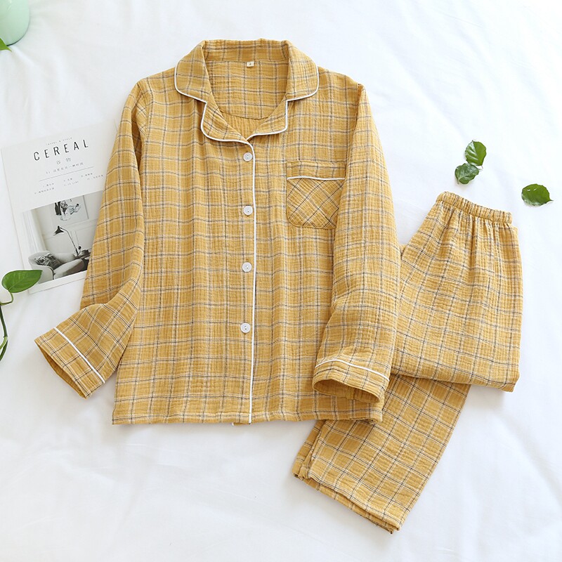 Sleepwear Lady Spring Autumn Pure Cotton Double Layer Gauze Summer Thin minimalist Japan Checkered Long Sleeves Long Pants Suit Home Clothing