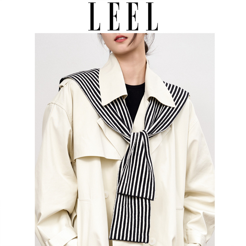 Leel Spring and Autumn Black and White Patchwork Small Shawl for Women, Wool Knit Tie Collar Top, Sweatshirt Jacket