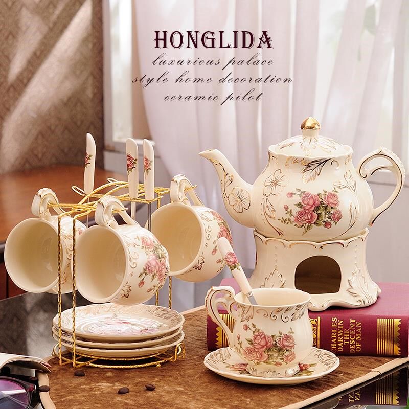 Flower tea set household simple European ceramic candle heating fruit teapot afternoon tea cup