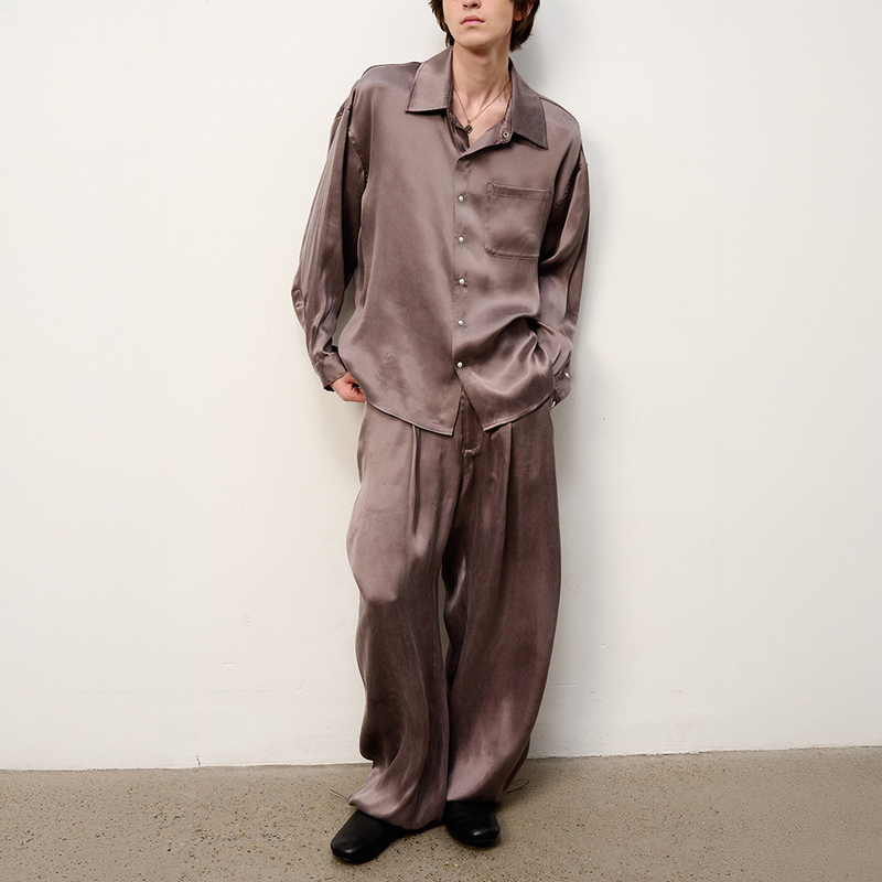 Gillpalos - Misty Crystal Long Silk Pearlescent Button Sand-Washed High-End New Noble Shirt/Saber Pants Set
