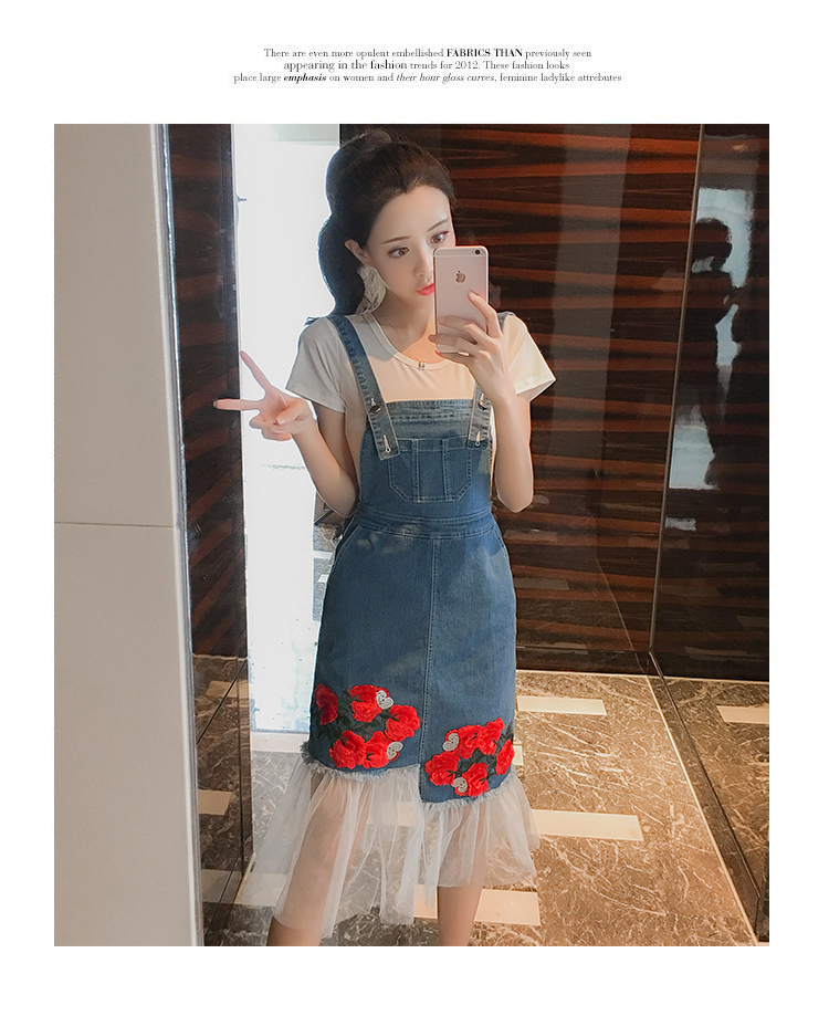 VK旗艦店 韓系玫瑰刺繡牛仔拼接網紗背帶長版無袖洋裝