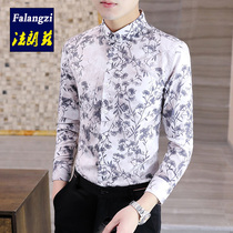 Broken shirt mens long sleeve slim Korean version of the trend Handsome print mens shirt Japanese style inside the Ice Silk inch shirt men