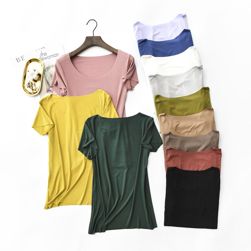 Solid color round neck seamless bottoming T-shirt women's summer thin slim cotton inner short-sleeved T-shirt large size modal bottoming shirt