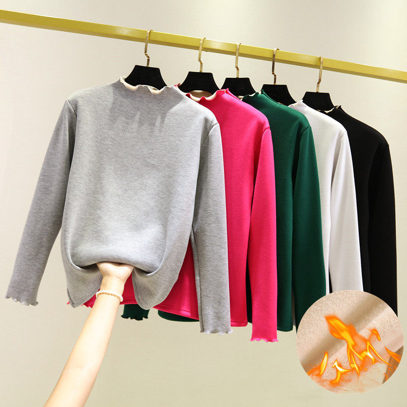 Agaric collar undershirt female autumn winter new thickened and warm inner lap half high collar Long sleeves T-shirt 100 lap blouse