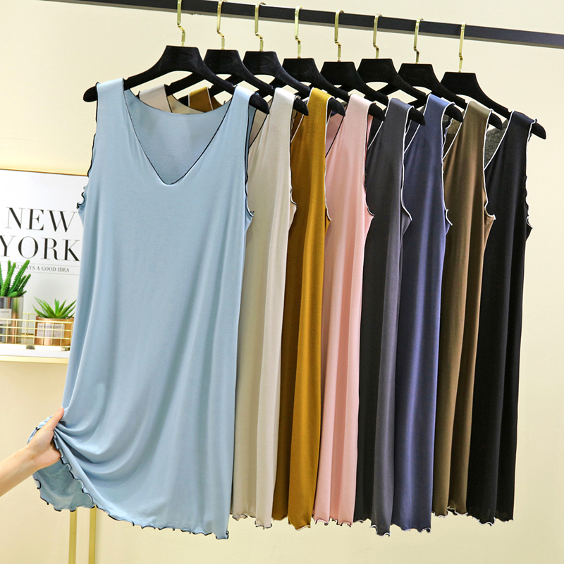Modal V-Neck Ruffled Nightgown for Women, Summer Loose Tank Dress, Solid Color Home Dress, Can Be Worn Outside, Plus Size Dress Modal V-Neck Ruffled Nightgown for Women, Summer Loose Tank Dress, Solid Color Home Dress, Can Be Worn Outside, Plus Size Dress