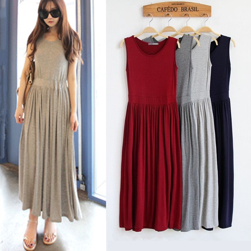 2024 Women's Summer Modal Slimming Dress Plus Size Waist-Cinching Long Dress Slim Fit Tank Dress Pleated Base Dress