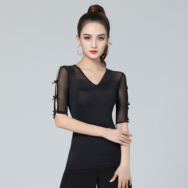 Dan Baoluo ice silk waltz dance clothes top women's dance clothes V-neck mid-sleeve modern dance clothes social dance clothes