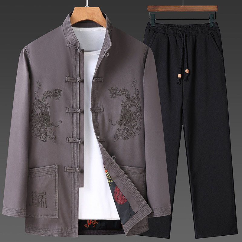 In the Tang Costume Men Coat in Old Age Spring and Autumn Old Clothes Grandpa Suit Chinese Style Dresses Chinese Wind Dragon Embroidery
