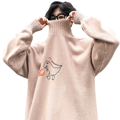 Флисовый динозавр, свитер, трендовая трикотажная утепленный лонгслив, пуховик, высокий воротник, оверсайз, в корейском стиле