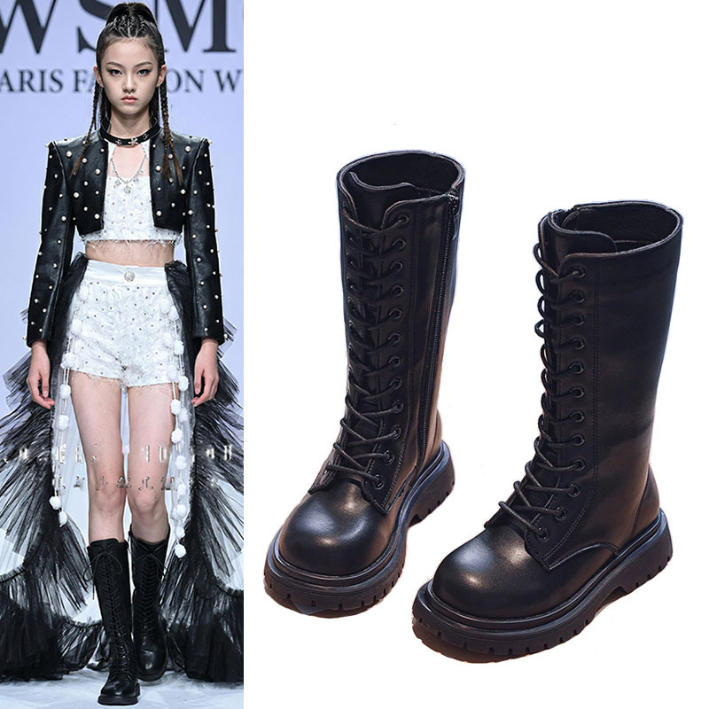 Chinese-Style Girls' Black Runway Boots, Genuine Leather Model Stage Future Technology Robot Performance Martin High-Top Shoes