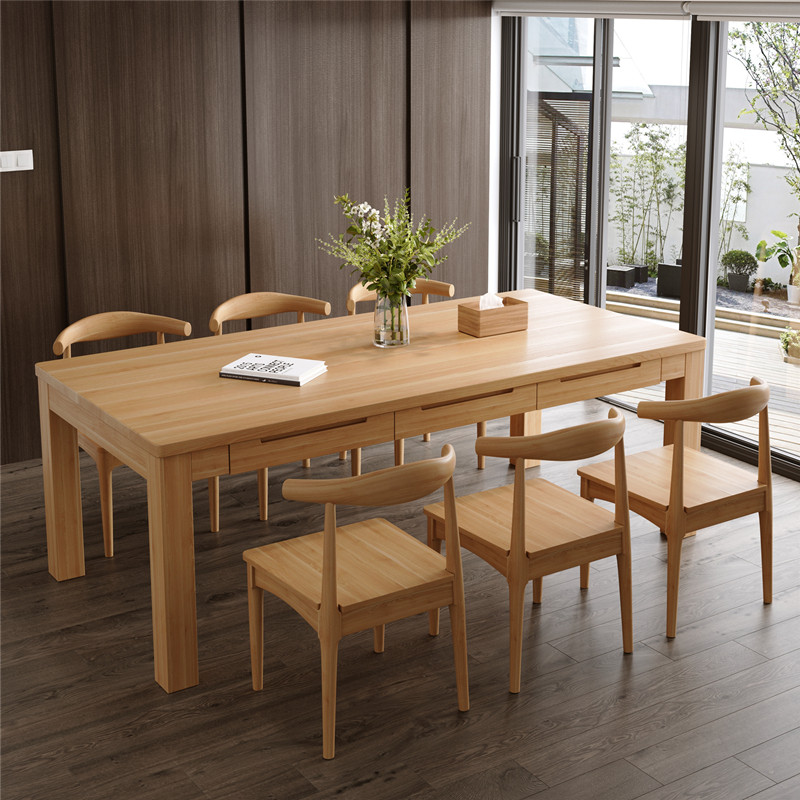 实木餐桌带抽屉饭桌客厅家用现代大板桌工作台简约多功能储物桌子